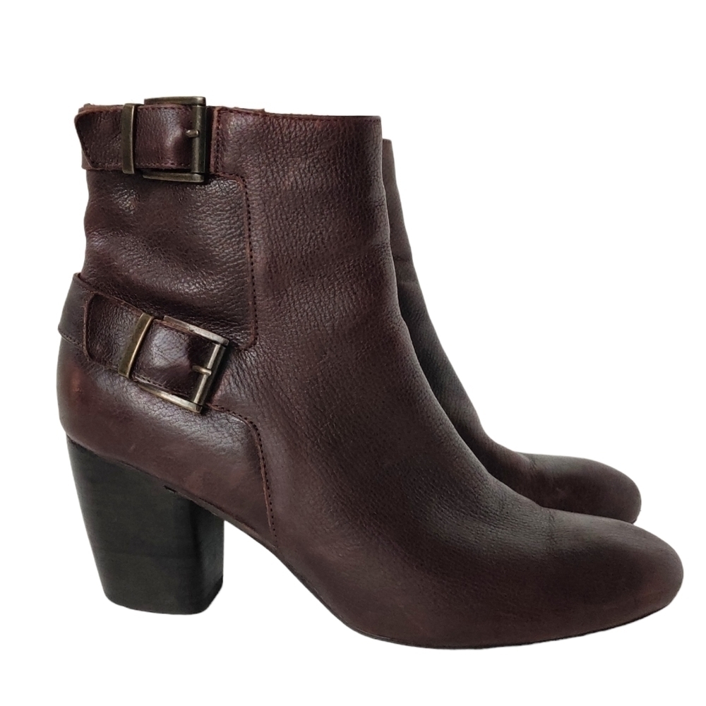 VANELI Folly Brown Italian Leather Double Buckle Heeled Zip Ankle Boots 9.5